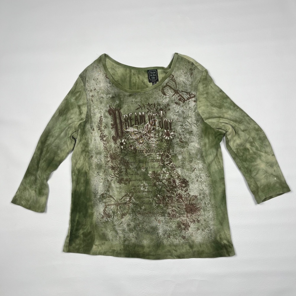 Suzie in the City Y2K Top Women's 2X Green Tie Dye Butterfly Rhinestone Ribbed